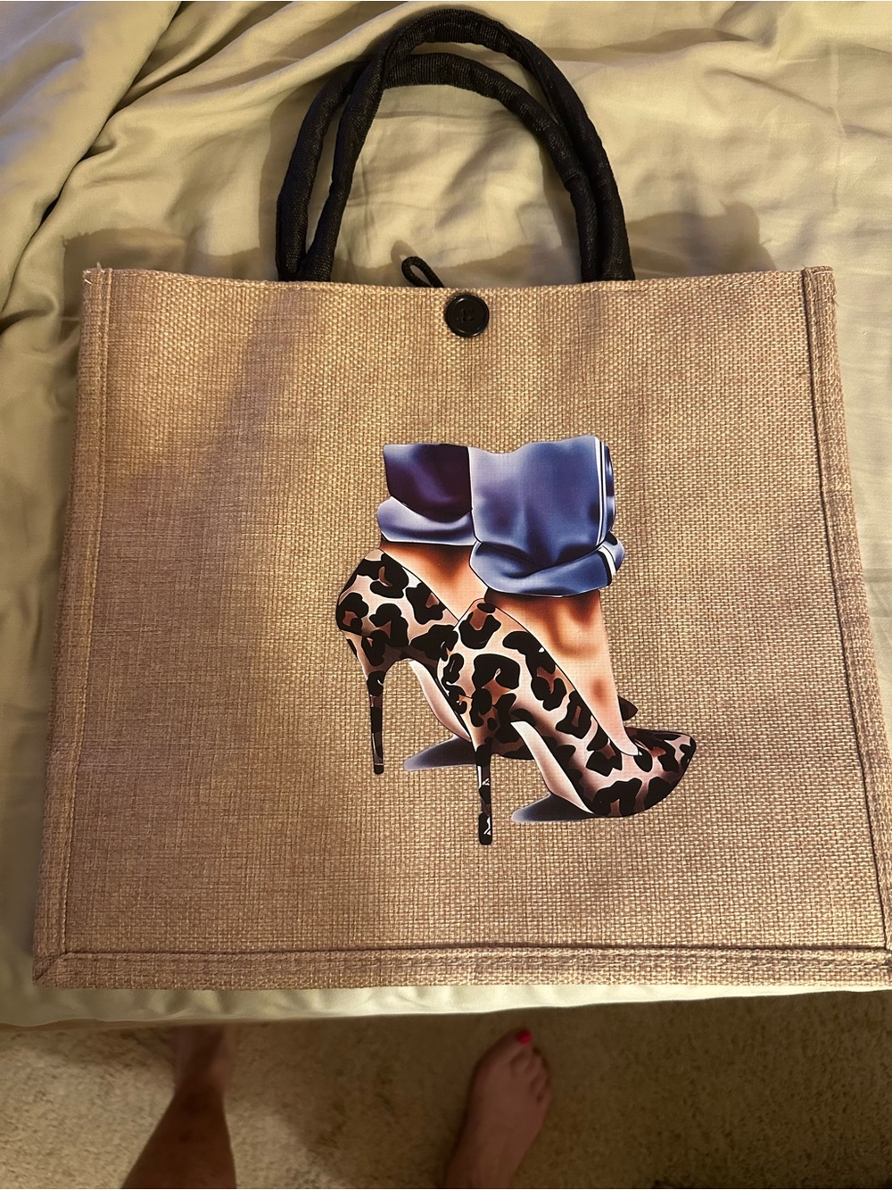 New Natural Jute Tote Bag with Black Handles and Leopard Shoe Print